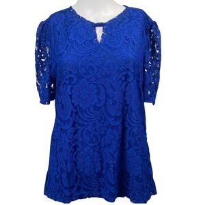 Liz Claiborne Blouse Women's Large Blue Short Sleeve Blouse Lace Overlay NWOT